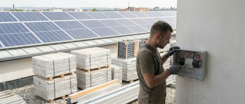 Rechts Monteur an geöffneter PV-Box, links Solarmodule am Dach, unten Paletten mit Material auf Baustelle