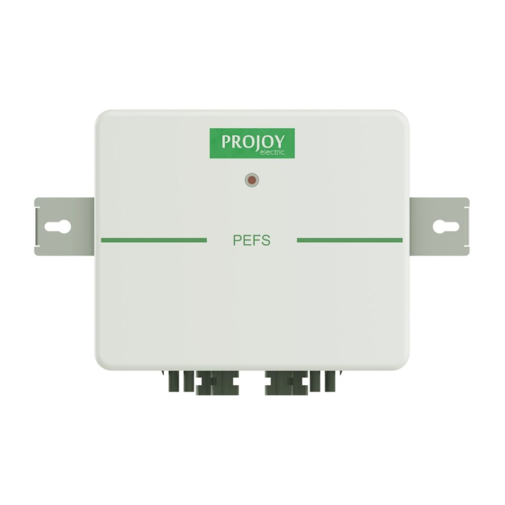 Weiße Feuerwehrschalter-Box mit Text „PROJOY electric“ und „PEFS“, seitlich Halterungen, unten Anschlüsse